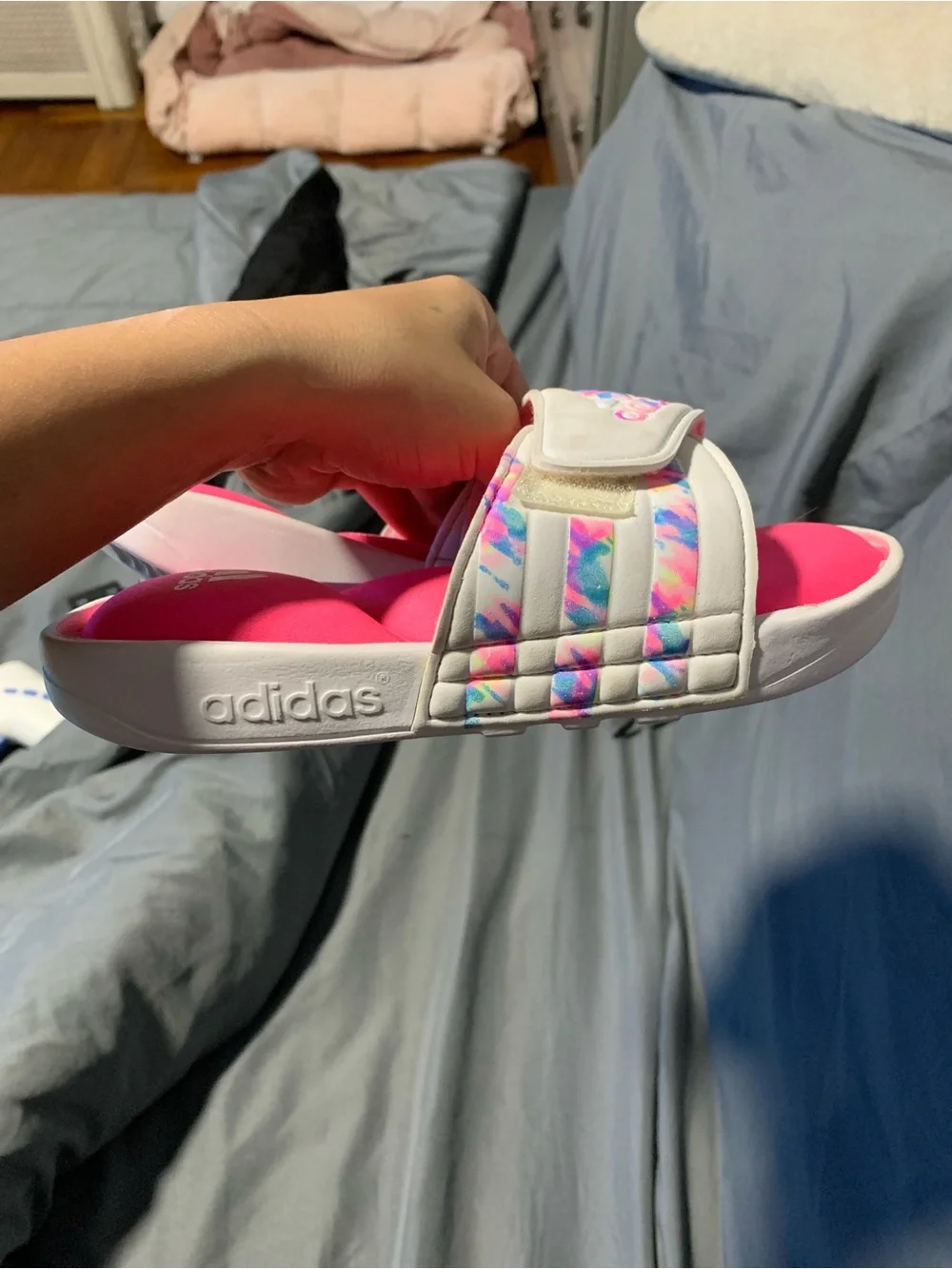 adidas Hot Pink Slide Sandals with Iridescent Accents